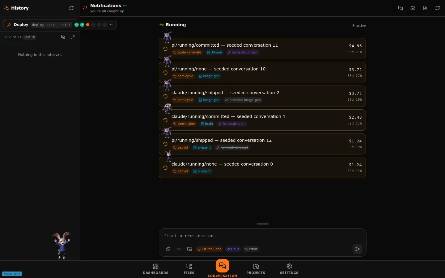The conversation view: six running sessions with live costs, project tags and a composer for starting a new one.